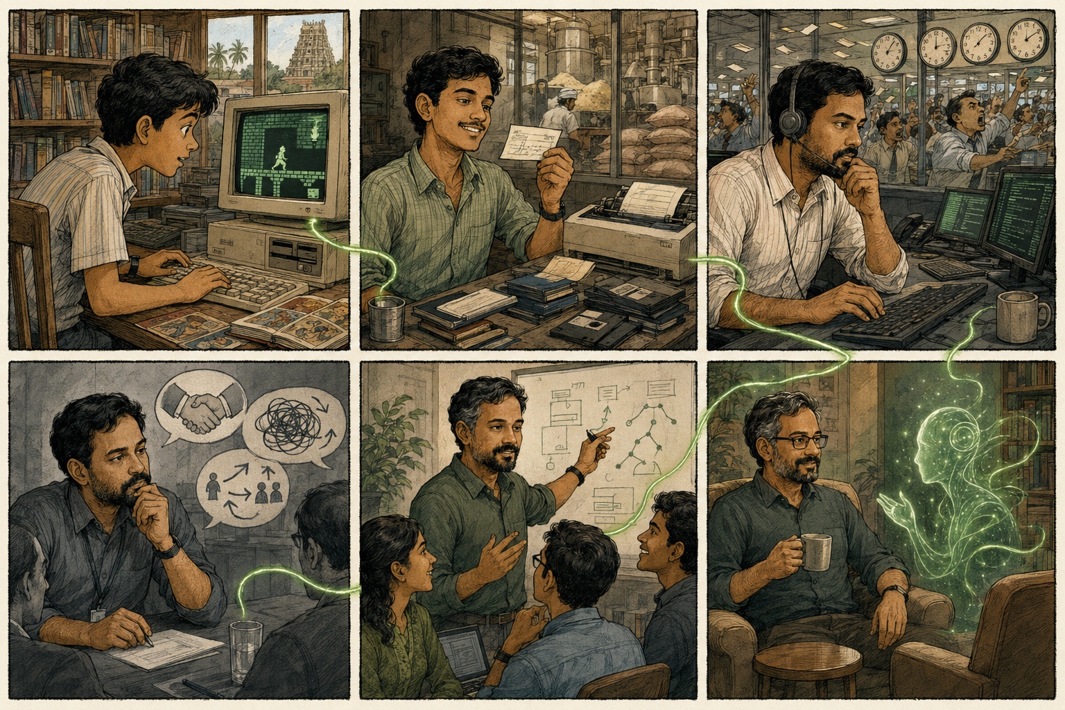 A six-panel comic following Sivarama Sundar across three decades of computing. Panel 1, 1992: a curious boy in a small-town library leans toward a beige dual-floppy PC, eyes wide at a Prince-of-Persia figure on a green CRT. Panel 2, 1995: the young man at a cluttered desk inside a flour mill, holding his first paycheck beside stacked floppy disks. Panel 3: he builds trading software one wall away from frantic Wall Street traders, clocks marking milliseconds. Panel 4: in a grey corporate meeting room, navigating diplomacy and tangled arrows. Panel 5: now greying, he guides a group of bright young campus grads at a whiteboard. Panel 6: serene with a coffee, in conversation as an equal with a soft, glowing, friendly AI presence — a faint empty third chair beside them.