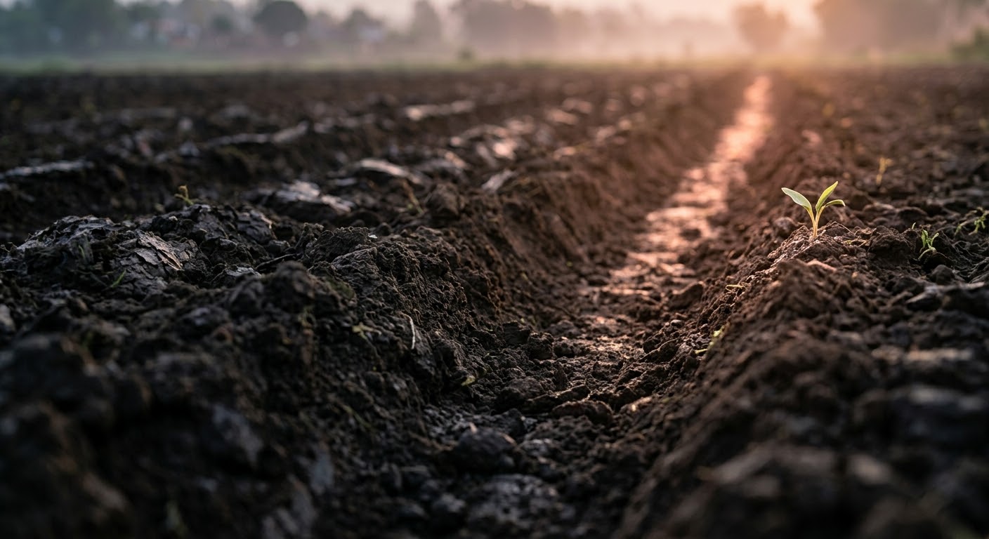 A single deep furrow in tilled earth with a small young green shoot emerging at the far end