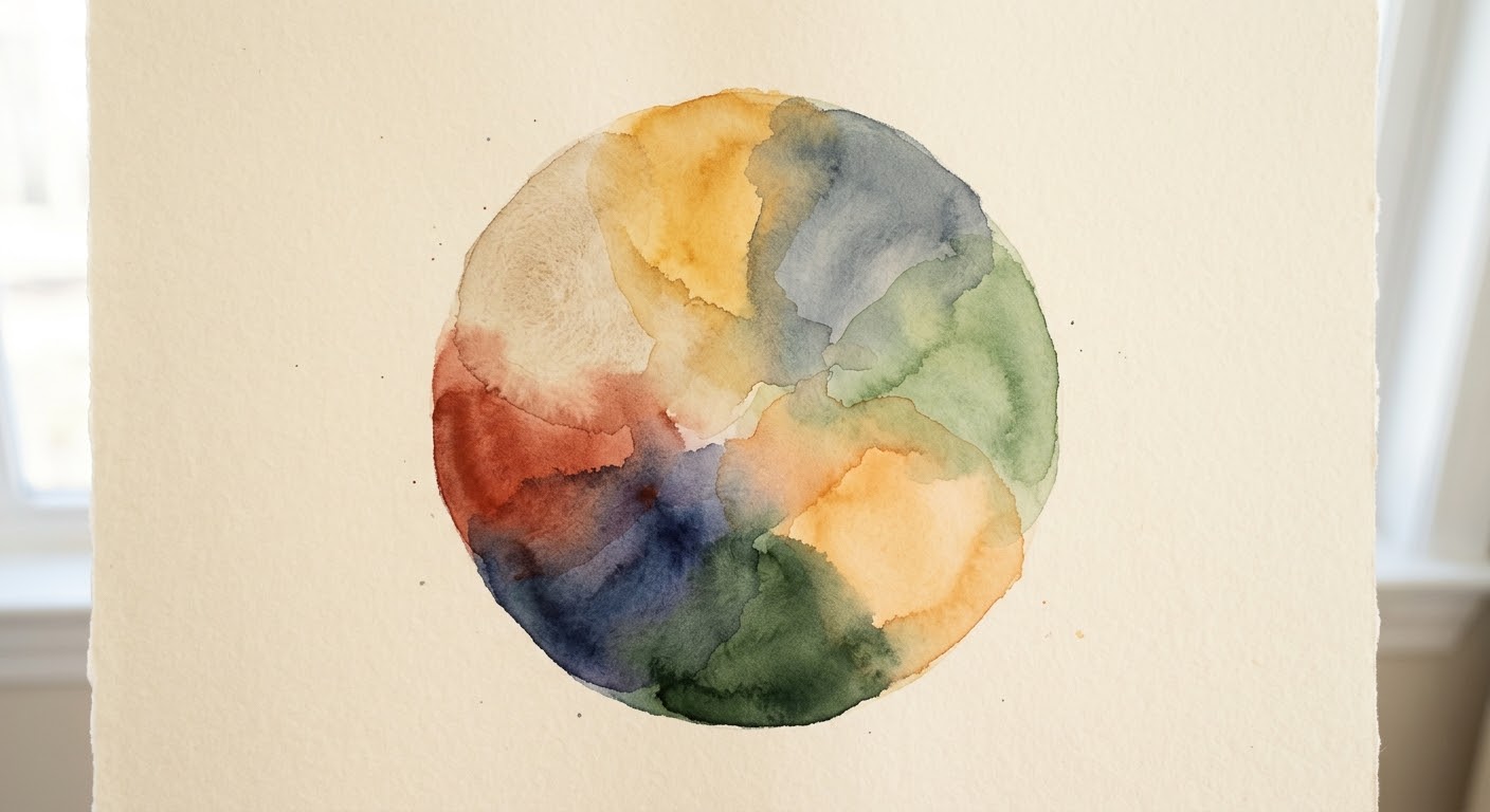 A complete circle composed of overlapping soft watercolor washes in many tones — the eight presences integrated into one