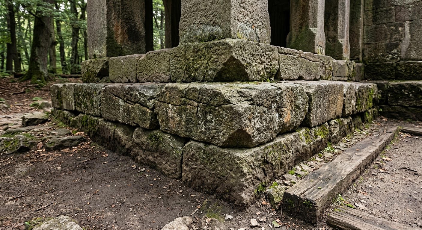 A weathered ancient stone foundation in a quiet forest clearing — holding the weight of structures above