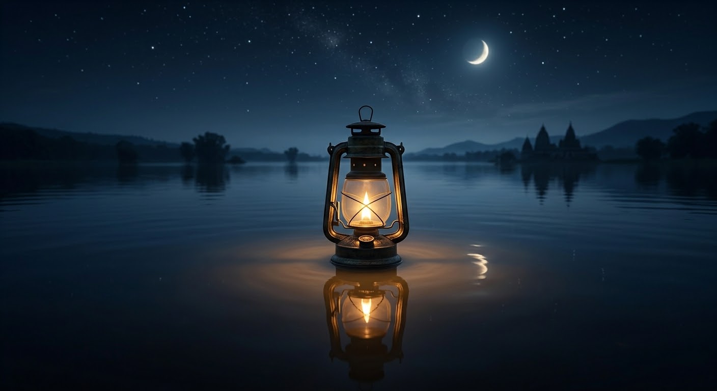A small lit lantern on still dark water under a starry night sky — light surviving the surrounding darkness