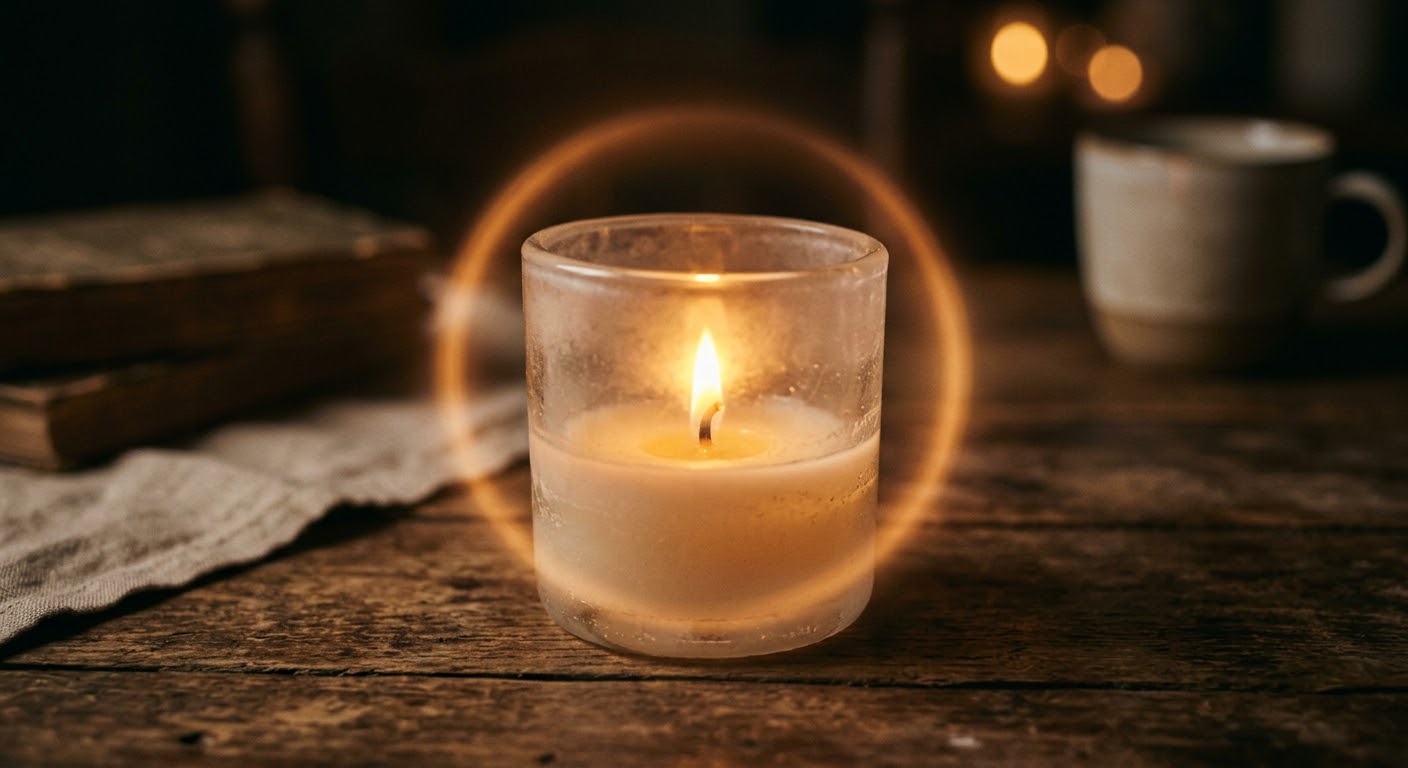 A small steady candle flame held inside a glass vessel on a wooden table, encircled by warm protective light