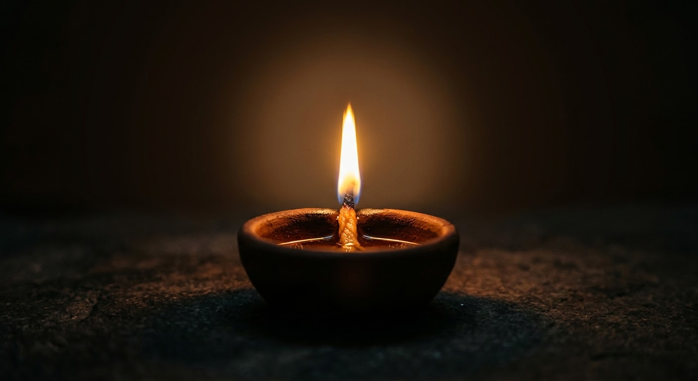 A single steady oil-lamp flame, perfectly upright, casting calm even light around it