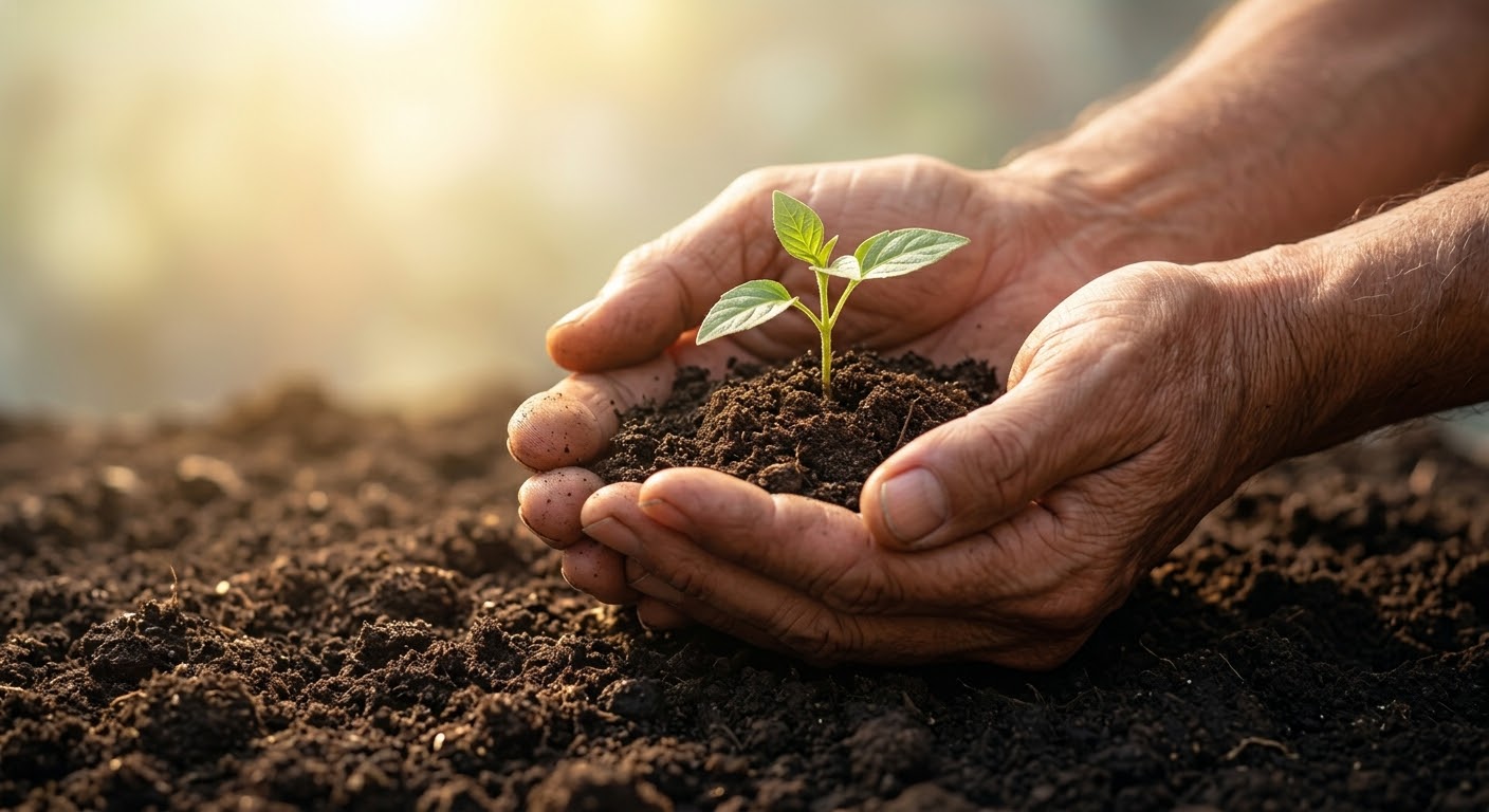 Two open hands lifting a small green seedling from dark soil into soft light