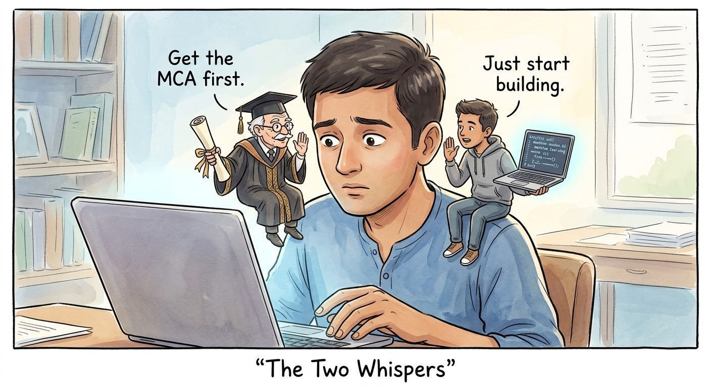 Illustration titled 'The Two Whispers': a young man at a laptop, his expression uncertain, while two small figures whisper competing advice — a graduate in academic robes urging 'Get the MCA first,' and a young coder holding a glowing laptop urging 'Just start building.'
